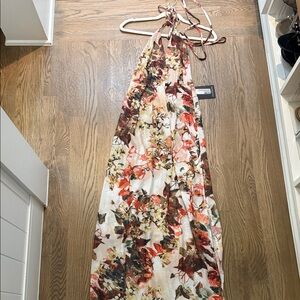 PrettyLittleThing White Halter Maxi Dress with Red & Green Floral Print